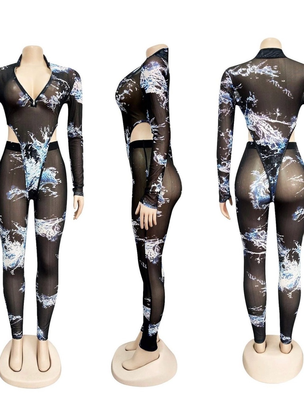 Sheer Black Mesh Bodysuit with Blue-White Splash Print